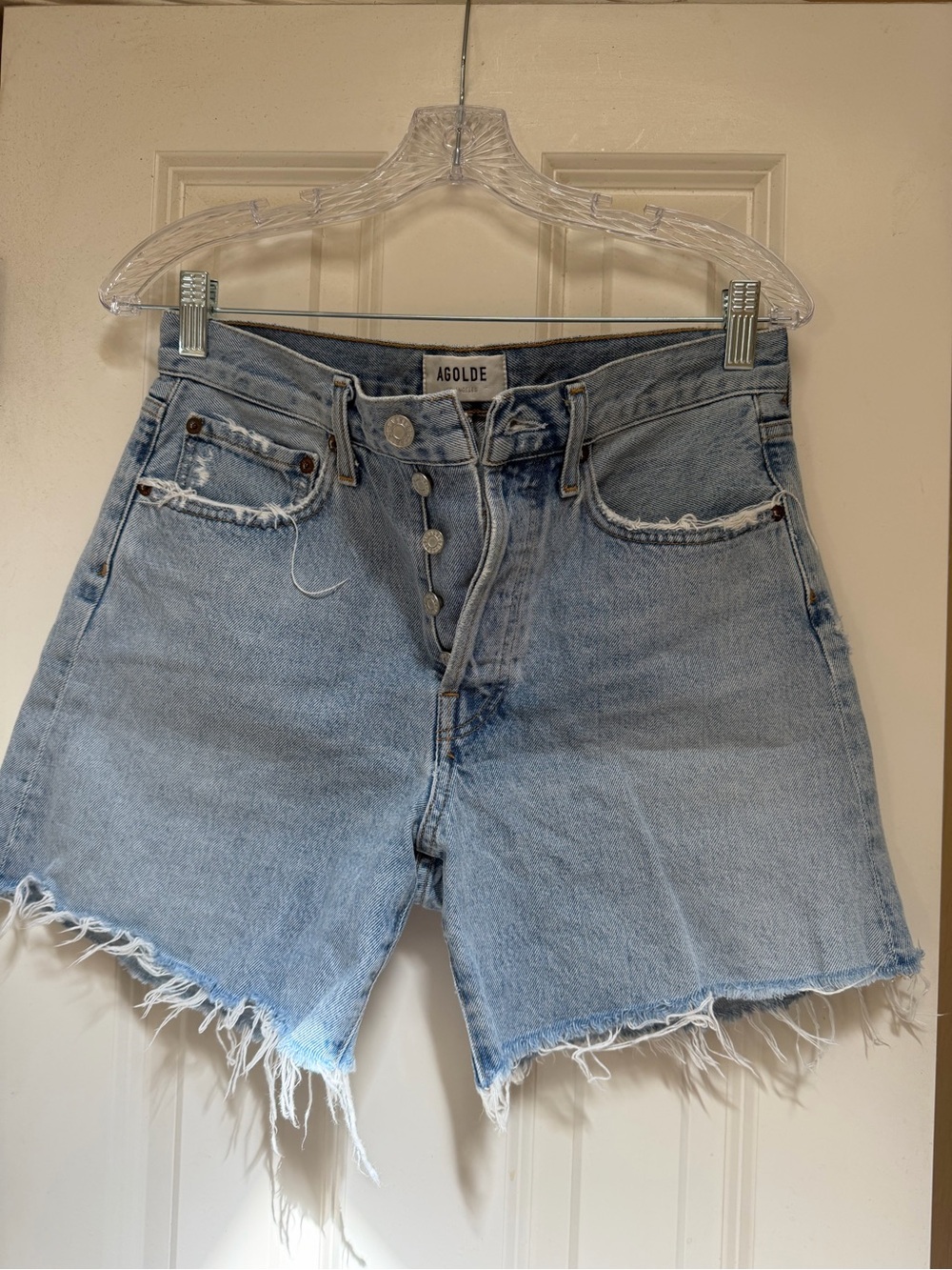 Agolde Parker Light Wash High-Rise Frayed Cutoff Denim Shorts